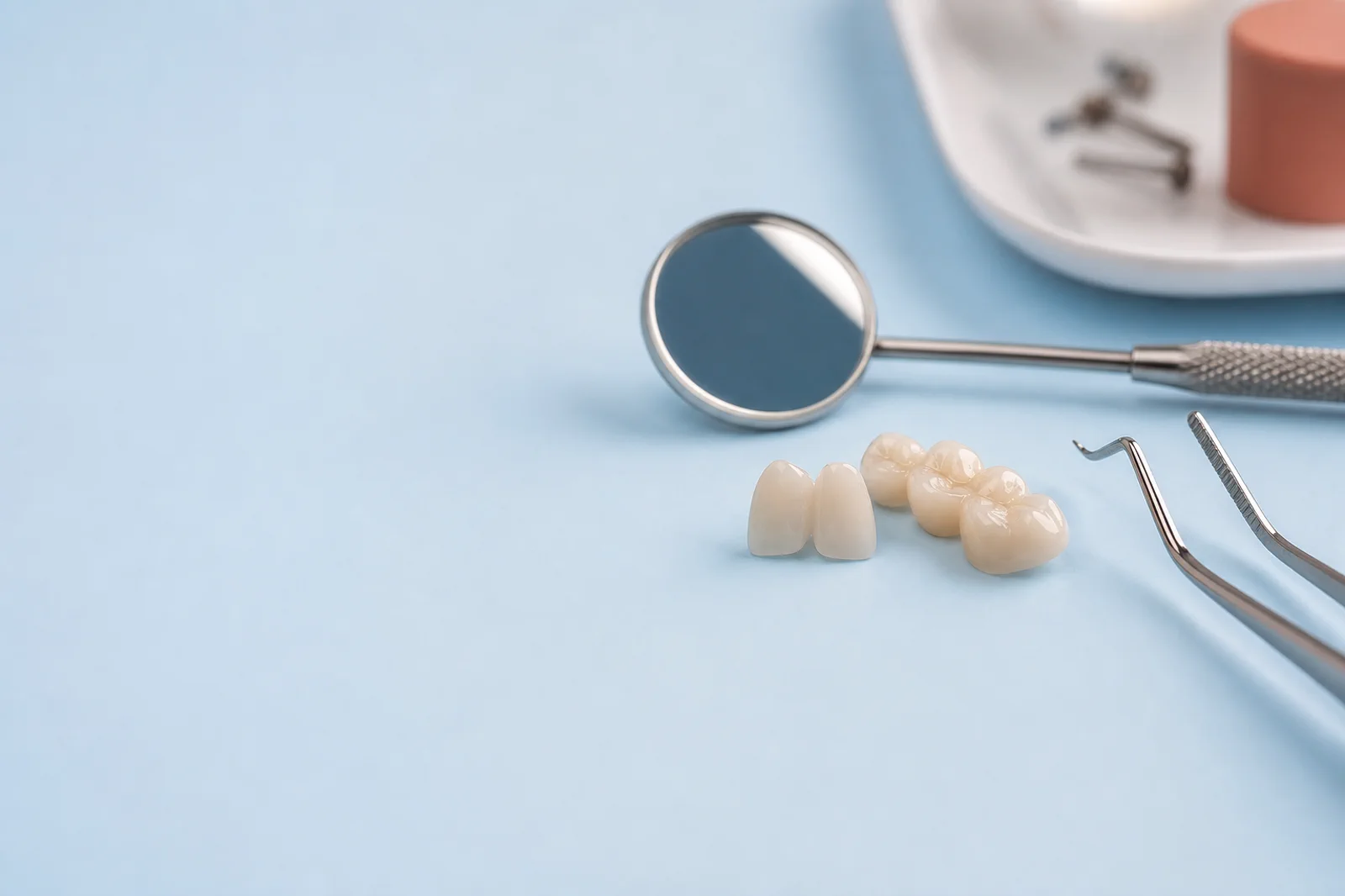 Materiales dentales de restauración sobre una superficie azul; imagen ilustrativa